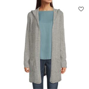 NWT Saks Fifth Avenue Gray Hooded Cashmere Open Front Cardigan Pockets, Size Med